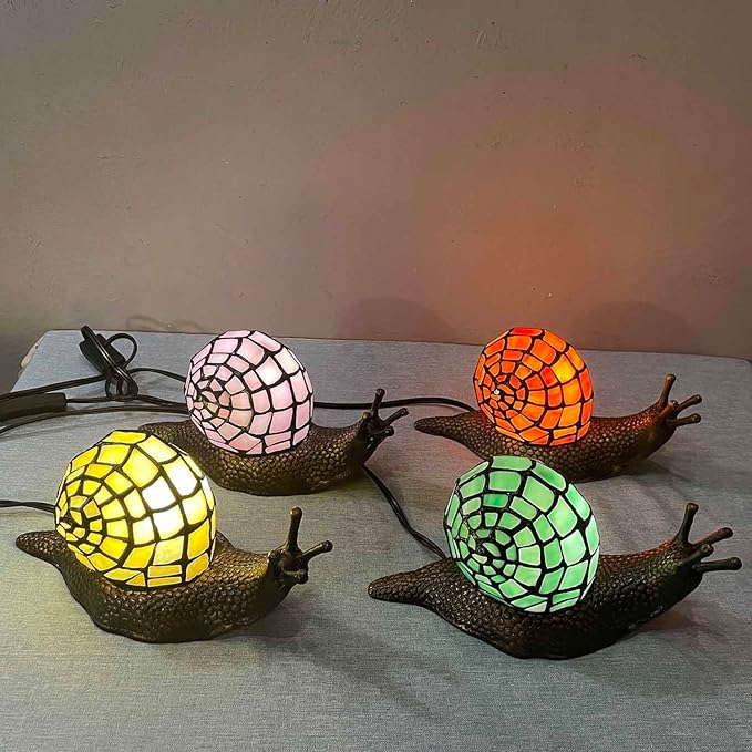 Bieye L10962 Land Snail Tiffany Style Stained Glass Accent Table Lamp for Home Decor (Pink, 10" D x 5" W x 5" H)