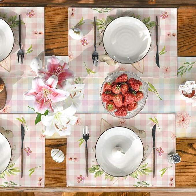 Artoid Mode Pink Buffalo Plaid Bunny Ears Flower Easter Placemats Set of 4, 12x18 Inch Seasonal Holiday Table Mats for Party Kitchen Dining Decoration