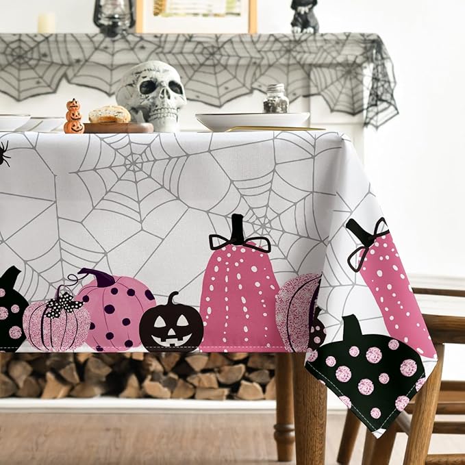 Horaldaily Halloween Tablecloth 60×104 Inch Rectangular, Jack-O-Lantern Pumpkin Cobweb Scary Themed Pink Washable Table Cover for Party Picnic Dinner Decor