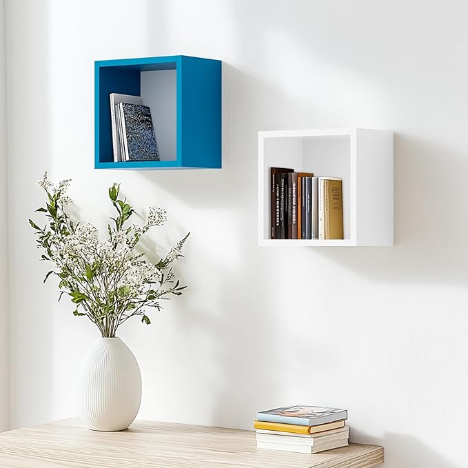 Kaboon Cube Floating Shelves Set2, Display Shelves Wall Mount 7.75" D x 12.5" W x 12.5" H, (Cyan, Square 2 Cubes)
