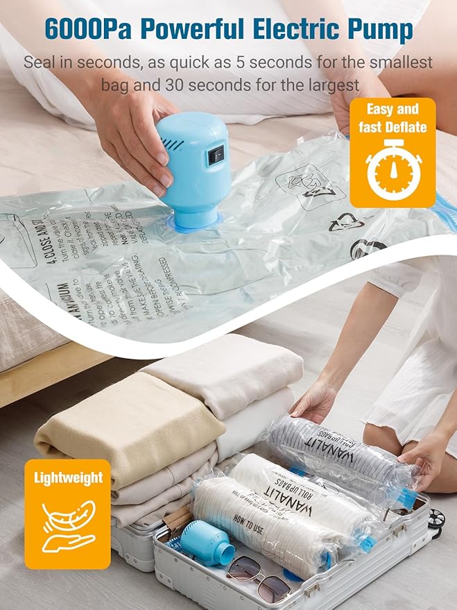 Vacuum Storage Bags with Electric Pump, New Air Valve Combo 32 Pack Vacuum Space Saver Bag, Vacuum Sealer Bags for Clothes, Clothing, Pillows, Comforters, Blankets, Quilt, Travel, Two Compressing Ways