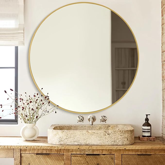 CULER Round Gold Bathroom 36 Inch Mirror,Circle Wall Modern Mirror for Bedroom,Hanging Vanity Tempered Glass Mirrors for Entryway or Living Room