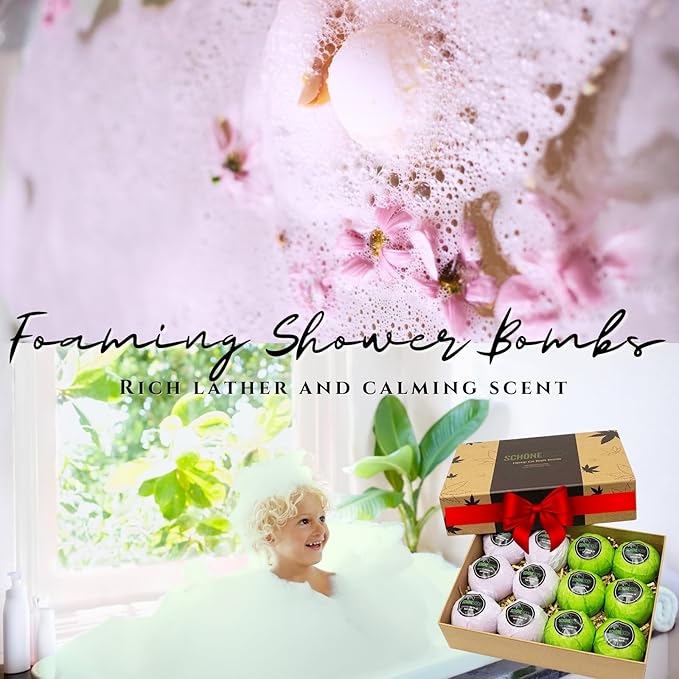Hemp Bath Bombs by Schone Body, 2 Relaxing Scents of Refreshing Mint and Hemp Oil and Soothing Lavender and Hemp Oil. Made with Pure Essential Oil Vegan Set (Large 12 Pack, Bath Bombs), Green