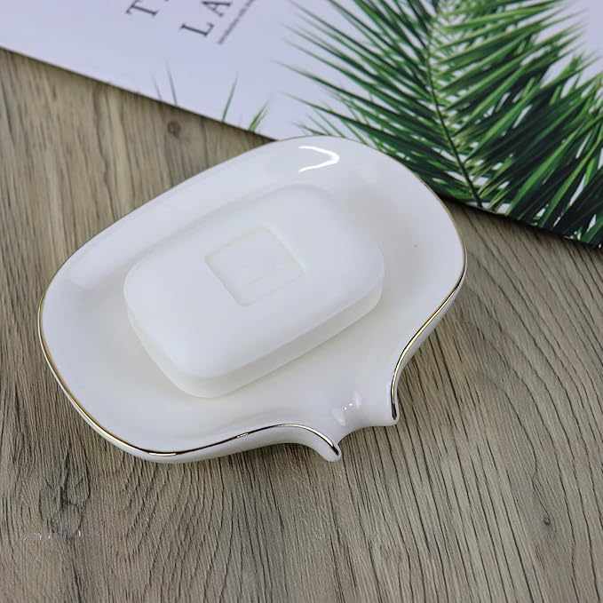White Soap Dish Ceramic Self Draining Soap Dish Waterfall Slot Gold Edge Bathroom Accessories for Bathroom, Kitchen,Bar Counter