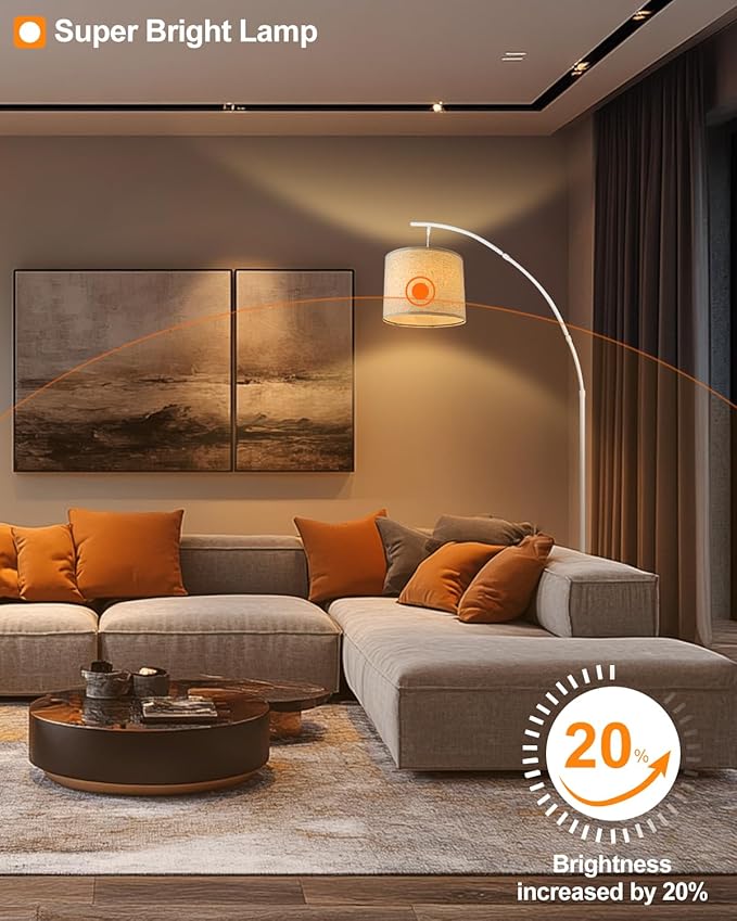 Lightdot Arc Floor Lamps for Living Room, Modern Standing Lamp with Hanging Drum Shade, Tall Standing Floor Lamp with Foot Switch, Over Couch Arched Reading Light for Bedroom, Office (White)