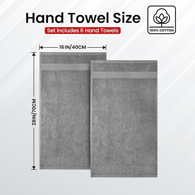 Infinitee Xclusives Luxury 100% Ring-Spun Cotton Hand Towels for Bathroom Set of 6 (16x28 inches) - Soft, Absorbent & Quick-Drying Bath Towels for Bathroom, Gym, Spa & Hotel Use (Charming Grey)