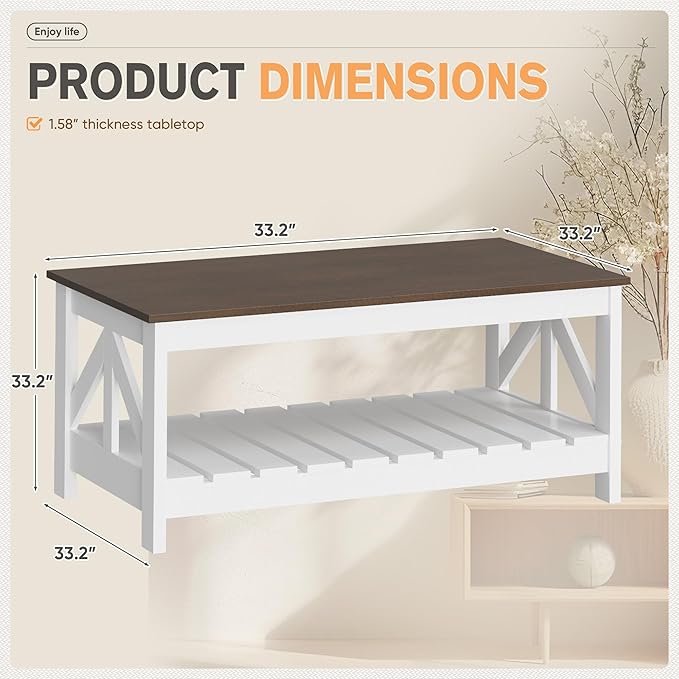 YESHOMY 39" Farmhouse Coffee Table, Coffee Tables for Living Room, Farmhouse Square Coffee Table with Storage, Couch Table, Small Tables for Small Spaces, Brown and White