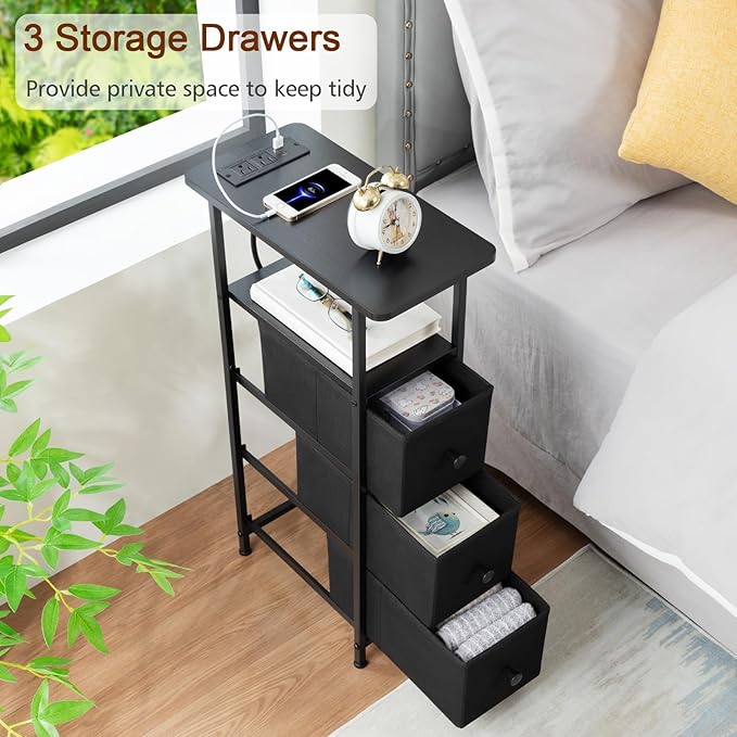 Narrow End Tables Living Room Set of 2 with Charging Station, Skinny Side Table with Fabric Drawers, Slim Nightstand for Bedroom, Small Spaces, Couch, Black, HETNDP03BK