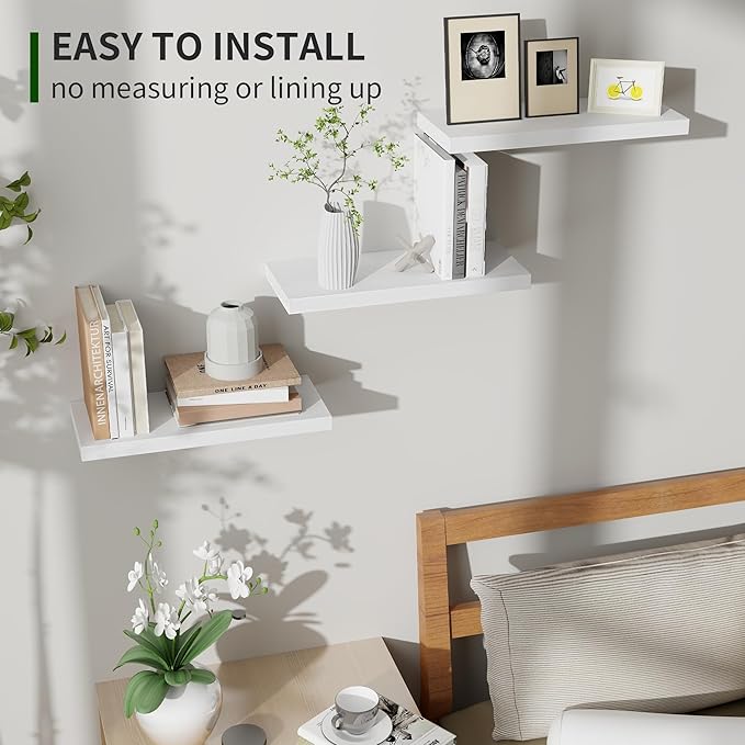 Marsmiles Wood Floating Shelves for Wall Set of 3, 17 Inch Wide Rustic Wooden Floating Shelves, Invisible Wall Mounted Display for Living Room Bedroom Kitchen Bathroom Office, White