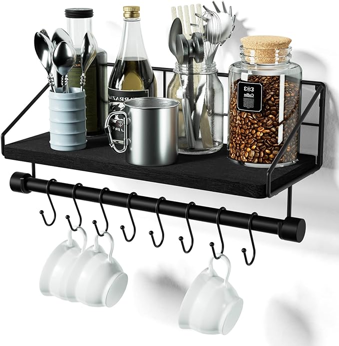 Alsonerbay Floating Shelves Wall Shelves for Bedroom, Bathroom Shelves Wall Mounted with Towel Bar, Kitchen Rustic Wood Shelf with Hooks for Hanging Cooking Utensils or Mugs