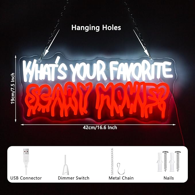 What's Your Favorate Scary Movie Neon Sign, Horror Movies Neon Signs For Wall Decor, Gothic Led Light Up Signs for Room Bar Man Cave Movie Night Party Halloween Decorations Gifts
