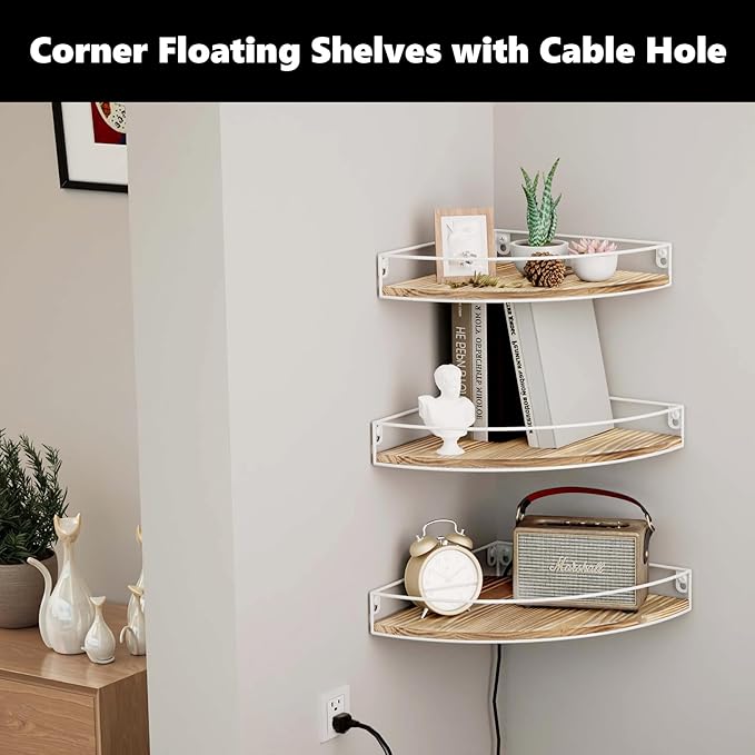 Corner Shelf Wall Mounted, Corner Floating Shelves for Wall, Wood Storage with Cable Hole for Kitchen Living Room Bedroom Bathroom, White Set of 3