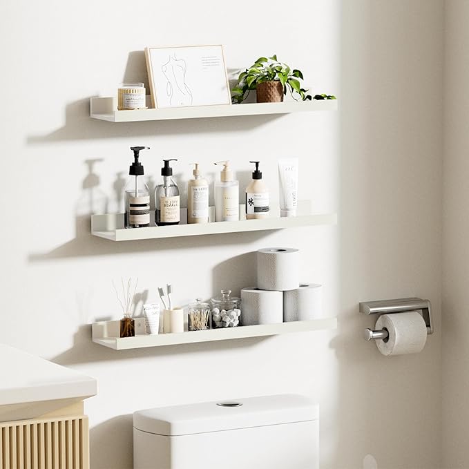 upsimples Floating Shelves for Wall, Wall Shelves for Decor Storage Set of 6, Wall Mounted Wood Shelves for Bedroom, Living Room, Bathroom, Kitchen, 23.6 inch Long Picture Ledge Shelves, White