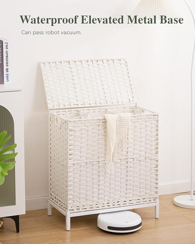 Laundry Hamper with Lid 132 L, (35 Gallons) Clothes Hamper with Lid, Handwoven Rattan Laundry Hamper with Metal Heightened Feet, Laundry Hampers with 3 Removable Liner Bags for Laundry-White