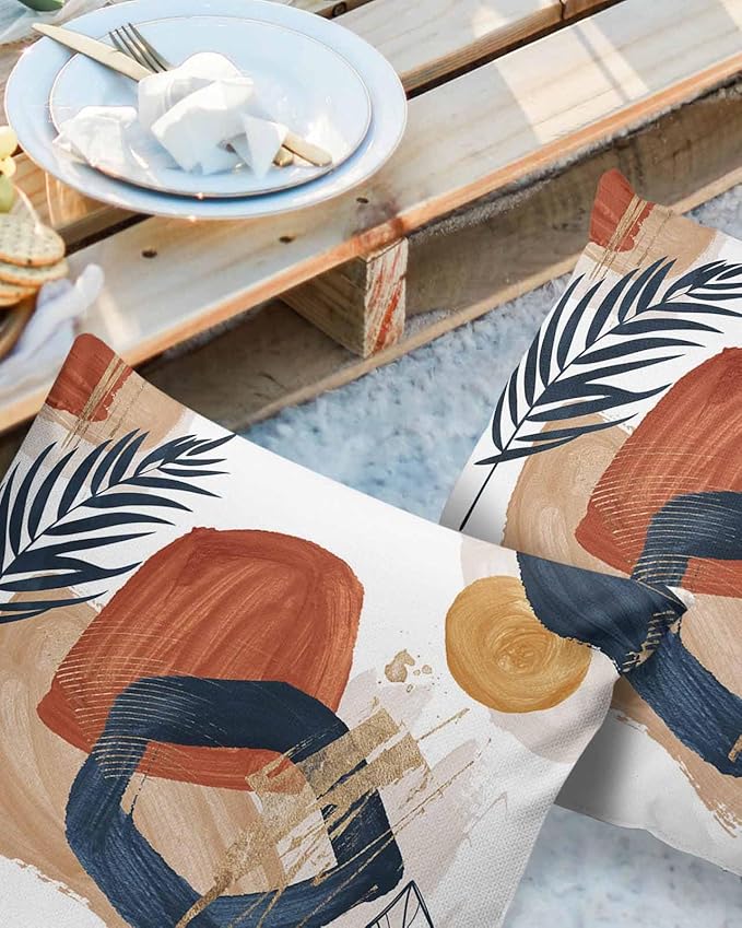 Outdoor Waterproof Throw Pillow Covers Set of 2 Boho Decorative Outdoor Pillows Cushion Case 18x18 Inch Bohemian Patio Pillows for Couch Sofa Bed Garden Office Home Decor Modern Graffiti Leaves