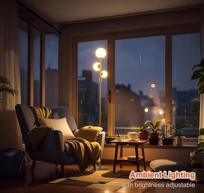 Fiqevs Upgrade Dimmable Floor Lamp, 3 Globe Mid Century Floor Lamps for Living Room with Frosted Glass Shade and 3 LED Bulbs, Vintage Modern Gold Standing Lamp for Bedrooms, Office - Antique Brass