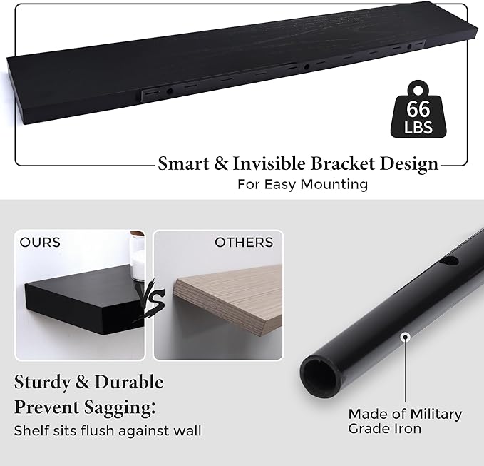 Axeman Floating Shelves, 8 Inch Deep Modern Solid Wood Wall Shelves for Storage, Wall Mounted Display Shelving with Invisible Heavy-Duty Metal Bracket, 48" W x 8" D x 1.6" H, Distressed Black