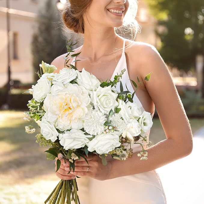 AmyHomie White Artificial Flowers Combo Silk Mix Peony Rose Hydrangea Daisy Fake Flowers w/Stem for DIY Wedding Bouquets Centerpieces Arrangements Table Decor Party Bridal Baby Shower Home Decor