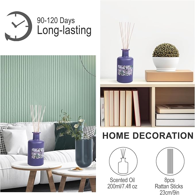 Reed Diffuser Set - 200ml Lavender & Orange Blossom Essential Oil Set Includes 8pcs Rattan Sticks, Licorice Aroma, Large Glass Bottle, Home Fragrance Diffuser Set for Bathroom Shelf Decor