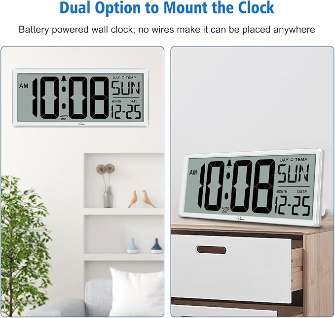 WallarGe Backlight Digital Wall Clock Battery Operated - with Temperature and Date 14.5'' Large Digital Wall Clock, Easy to Read and Set, Auto DST
