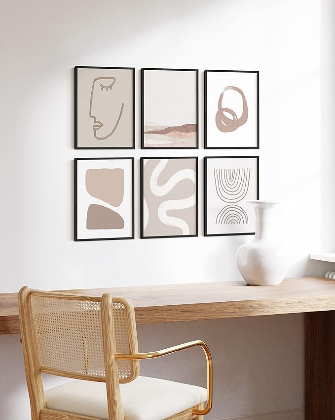 HAUS AND HUES Frameable Beige Boho Art Wall Decor - Set of 6 Neutral Mid Century Modern Wall Art, Minimalist Wall Art, Neutral Wall Decor, Beige Boho Posters for Room Aesthetic (Unframed 8x10)