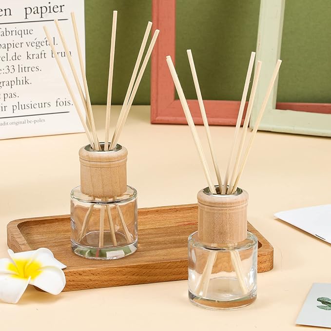 Roshtia 30 Set Reed Diffuser Bottle Empty Refillable Fragrance Glass Diffuser Bottles Set with Wooden Caps Rattan Sticks 50ml 1.7 oz Round Glass Jars for DIY Fragrance