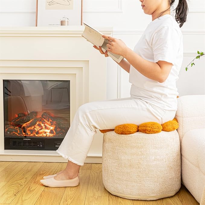 Flower Pouf Ottoman 18x15 Inches Charm Floor Pouf for Home Decor All-in-One Foam Filling Ottoman Foot Rest for Couch Living Room Bedroom Kids Room Ivory and Orange
