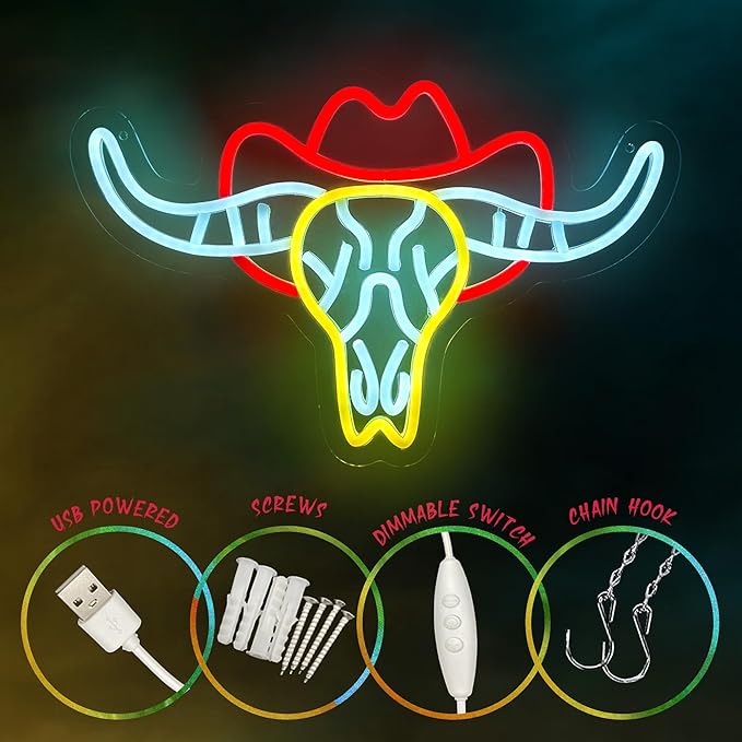 Bull Skull Neon Sign for Wall Decor,Dimmable LED Neon Light Cowboy Bull Sign for Bedroom Living Room Pub Bar Party Gaming Room Neon Bar Sign