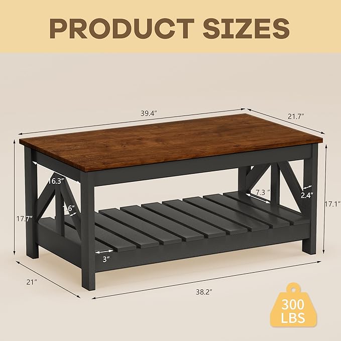 JUMMICO 39” Farmhouse Coffee Table for Living Room, 2-Tier Modern Living Room Table with Storage Shelf, Rustic Rectangular Center Table Space Saving Home Furniture (Rustic Brown & Black)