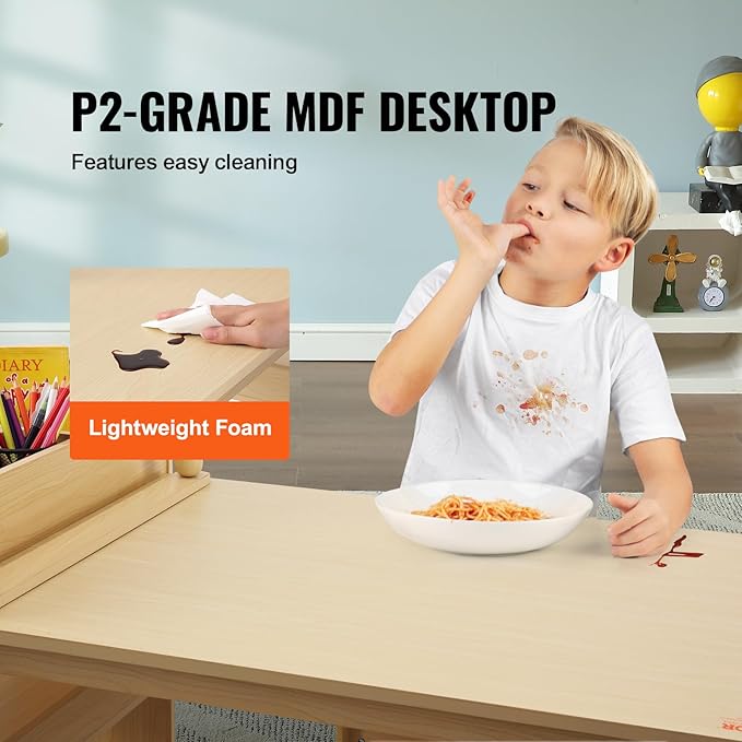 VEVOR Kids Art Table and 2 Chairs, 2-in-1 Toddler Craft and Play Activity Table, Wood Toddler Table and Chair Set with A Cabinet for Art, Craft, Reading, Learning