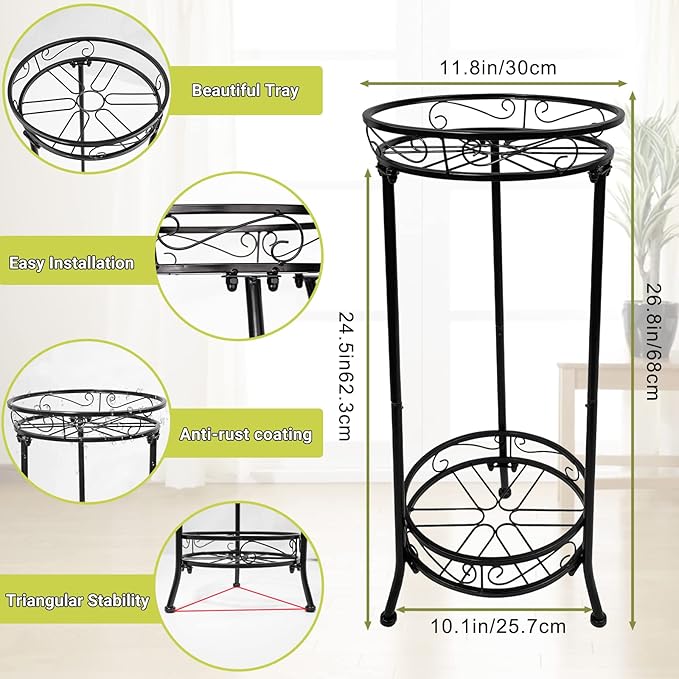 2 Tier Tall Metal Plant Stand for Indoor Outdoor Plants, 26.7In Corner Plant Stands Display Rack, Rustproof Iron Flower Pot Holder Shelf for Patio Balcony Garden Living Room (B)