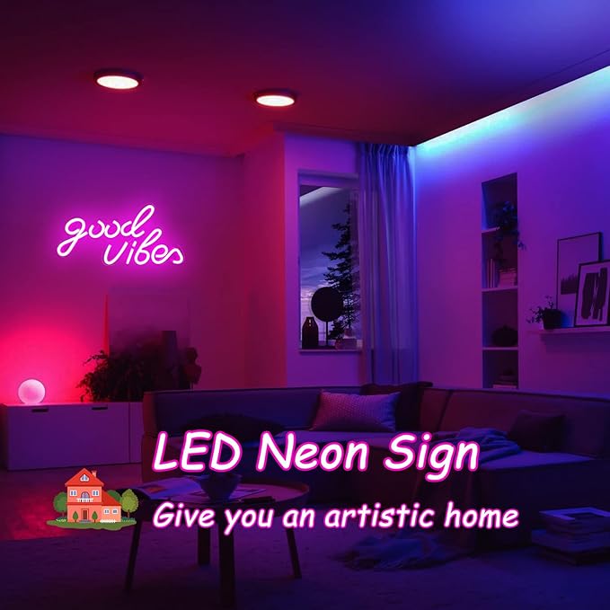 Good Vibes Neon Sign, LED Neon Signs for Wall Decor, Pink Neon Lights for Bedroom & Party Art Decor, USB Powered Bright Neon Light for Lover, Friends