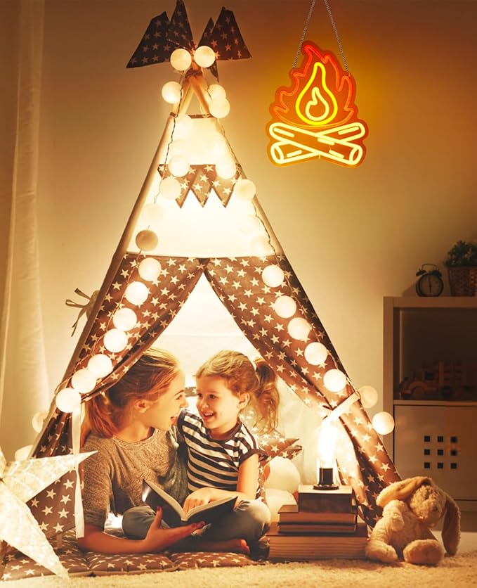 Happy Camper Campfire Neon Signs for Wall Decor - Camper Decor with 9-Level Brightness Adjustment, USB Powered Flame Neon Lights for Camping, RV, Trailer and Indoor Fire Decoration