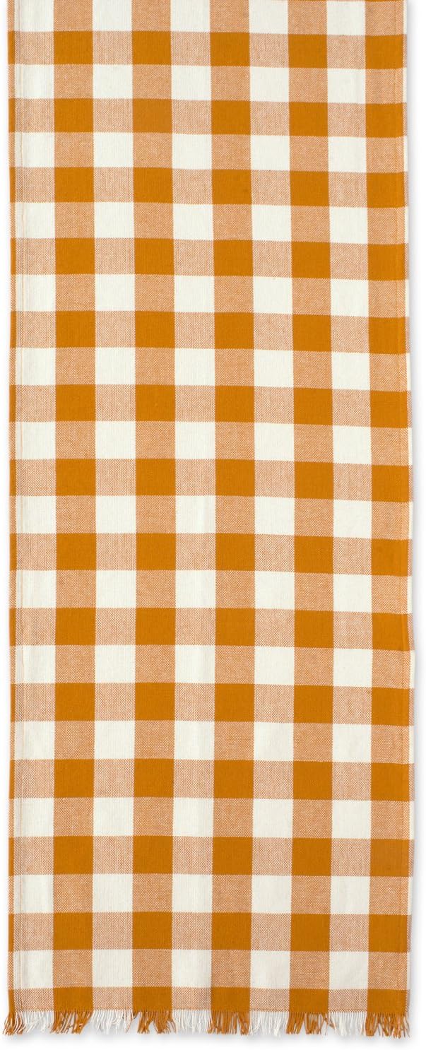DII Heavyweight Fringed Check Tabletop Collection, Table Runner, 14x108, Pumpkin Spice