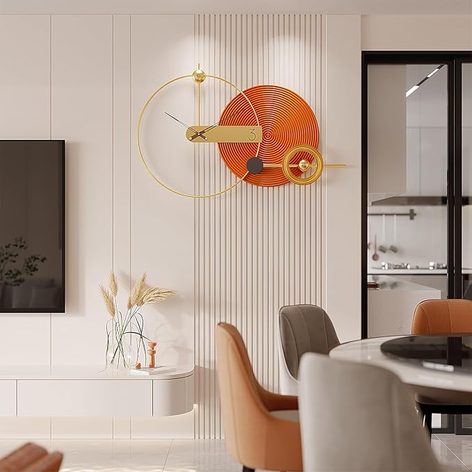 Wall Clock Large 39 Inch - Modern Orange Nordic Style, Battery Operated Silent Metal Decorative Clock for Living Room Bedroom Office House