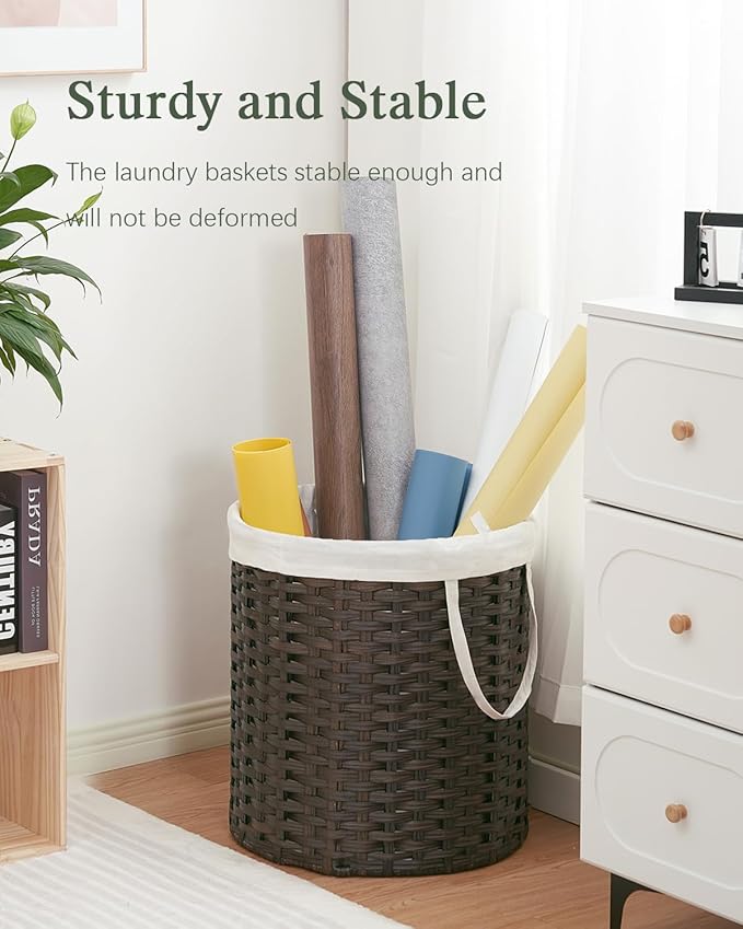 Laundry Hamper Round Laundry Basket 26.5 Gal (100L) Rattan Laundry Hamper, Handwoven Wicker Laundry Basket with Handles Removable Laundry Bag 2 Mesh Bags for Bedroom Laundry Room Brown