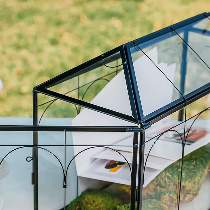 NCYP Wedding Glass Cards Box with Slot and Lock - 12.6" x 5.9" x 9" Vintage Indoor Tabletop Geometric Terrarium, Black Card Holder for Reception, Wishwell, Party Decor (Glass Box Only)