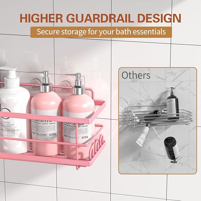 Adhesive Shower Caddy-Rustproof, No Drilling Pink Shower Shelves for Bathroom - Large Capacity with Soap Holder, Pink Bathroom Decor