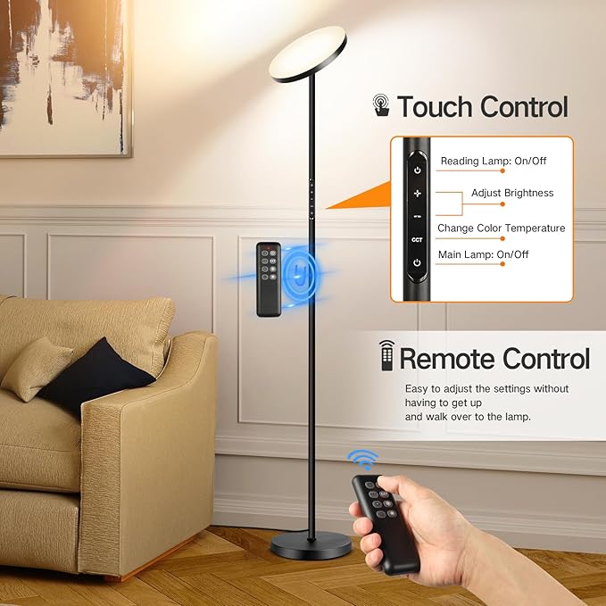 OUTON LED Torchiere Floor Lamp, Super Bright Dimmable Tall Standing Lamp with Remote Touch Control, 4 Color Temperatures, 1-Hour Timer for Living Room, Bedroom, Office (Classic Black)