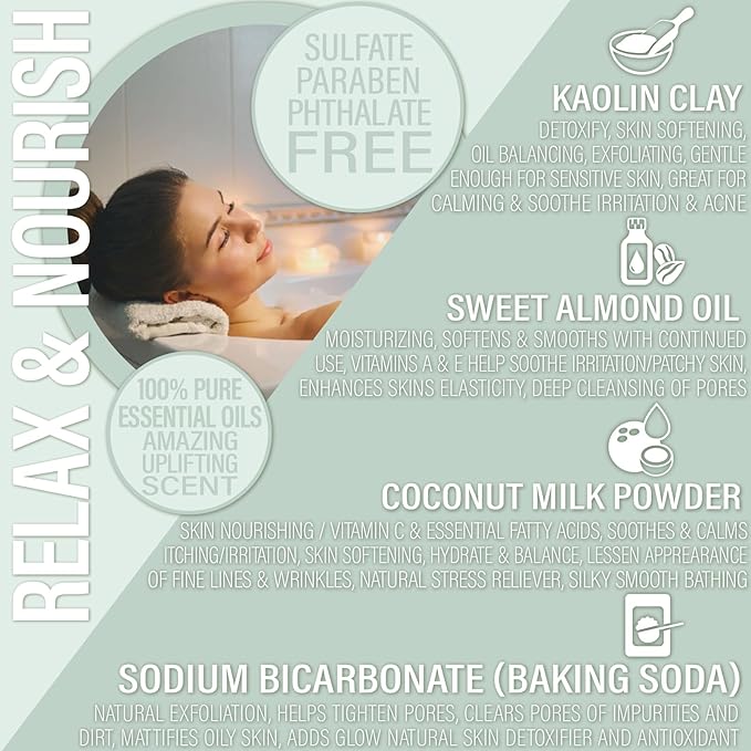 Vegan Milk Bath Soak Made with Moisturizing Coconut Milk Powder, Essential Oil, & Sweet Almond Oil for a Bath Bomb Dust Soothing Fizz & Relaxing Soak, 8 oz. (Eucalyptus Spearmint)