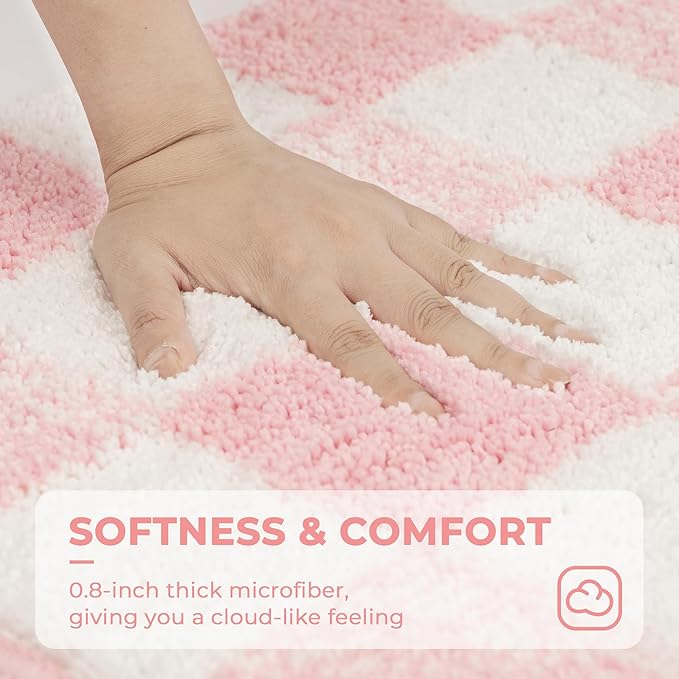 GRANNY SAYS Checkered Pink Bathroom Rugs, 36" x 24", Fluffy Rug, Absorbent Microfiber Ultra Soft Bath Mat Washable, Non-Slip Bath Mats for Bathroom, Cute Floor Mat for Tub, Shower, Bedroom