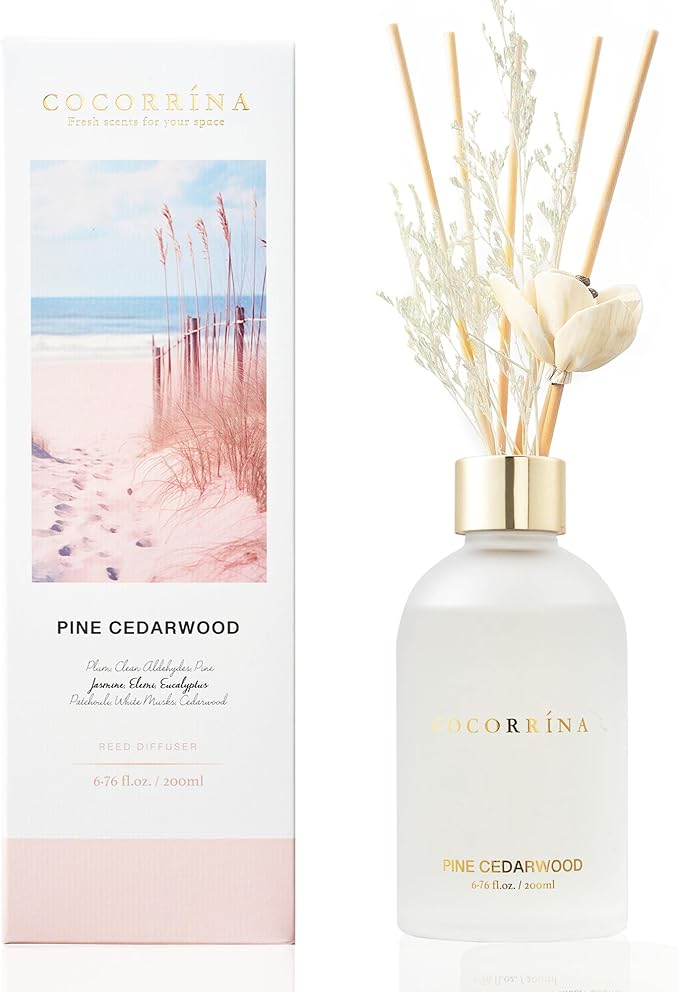 COCORRÍNA Reed Diffuser - Pine Cedarwood 6.76 oz Flower Reed Diffuser Set with 8 Sticks - Home Fragrance Bedroom Bathroom Shelf Decor