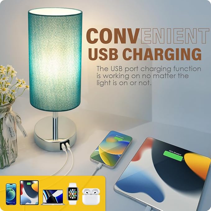 Yarra-Decor Bedside Lamp with USB port - Touch Control Table for Bedroom Wood 3 Way Dimmable Nightstand Round Denim Shade Living Room, Kids College Dorm, Office(LED Bulb Included), Td-001 Denim