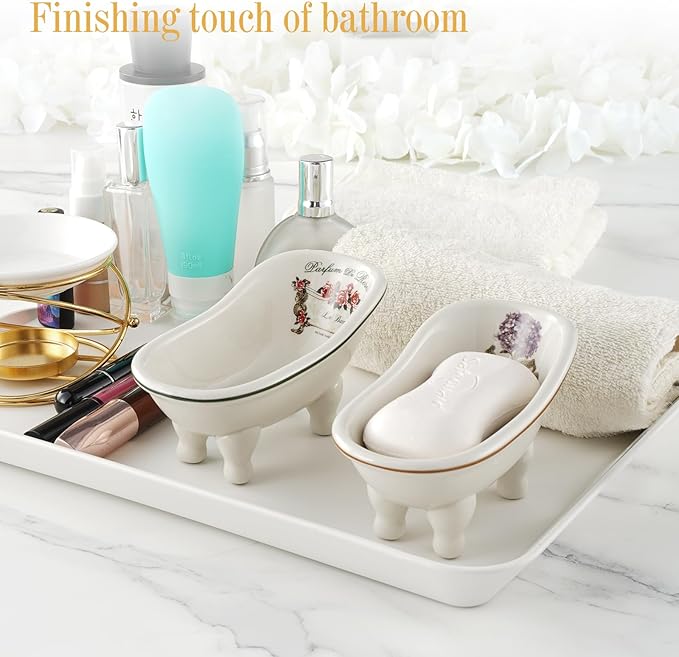 Retro Ceramic Bathroom Soap Dish for Shower - 2PCS - 5.6'' Porcelain Mini Bathtub Self Draining Soap Holder for Home Decor, Vintage Decortative Tray Rack, Outdoor Small Planters Set