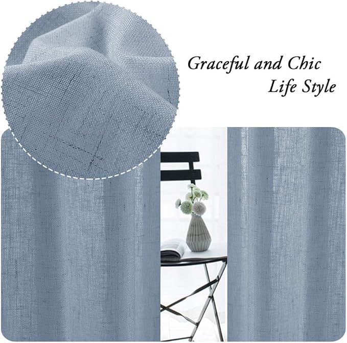 PrinceDeco Linen Curtains for Living Room Thick Linen Burlap Curtains for Bedroom Light Filtering Vertical Drapes Rod Pocket Country Rustic Linen Curtains(Stone Blue, 52" W x 84" L)
