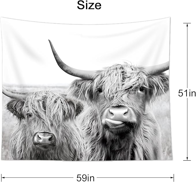 AMBZEK Two Cows Tapestry 51Hx59W Inch Bull Highland Cow Western Farmhouse Farm Country Rustic Cattle Animal Wildlife Funny Cute Milk Artwork Modern Wall Hanging Bedroom Living Room Dorm Decor Fabric