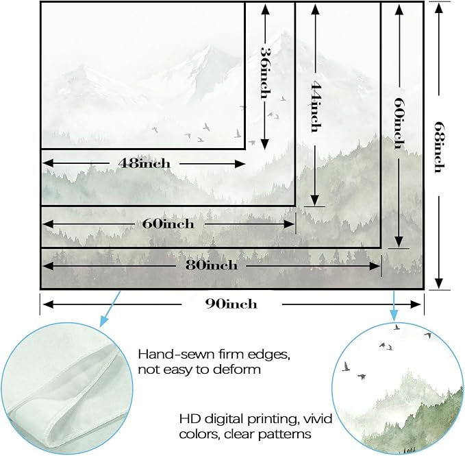 kampdream Mountain Forest Tapestry, Misty Foggy Sage Green Tree Landscape Watercolor Art Wall Tapestries, Nature Scenery Tapestry for Bedroom Living Room Backdrop 60×80 inch