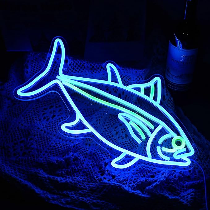 Tuna Neon Sign Blue Green Fish Neon Lights Signs for Wall Decor Dimmable Led Signs for Bedroom Living Room Restaurant Office Birthday Gifts(16.9’’X9.6’’)