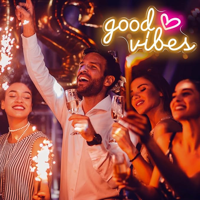 Good Vibes Neon Signs for Wall Decor, Good Vibes Neon Lights 16x8inch, USB Operated Warm White LED Signs for Bedroom, Room, Wall Decor, Birthday Party, Wedding, Salon, Bar, Home, Girl Cave