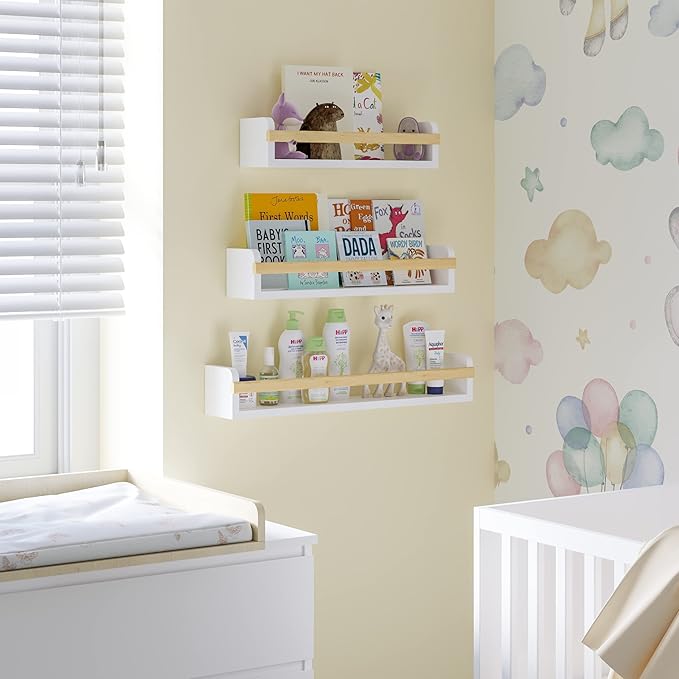 Wallniture Utah Wall Mount Nursery Décor Kids Bookshelf Floating Wall Shelves Book Photo Display Long Varying Sizes Set of 3, White